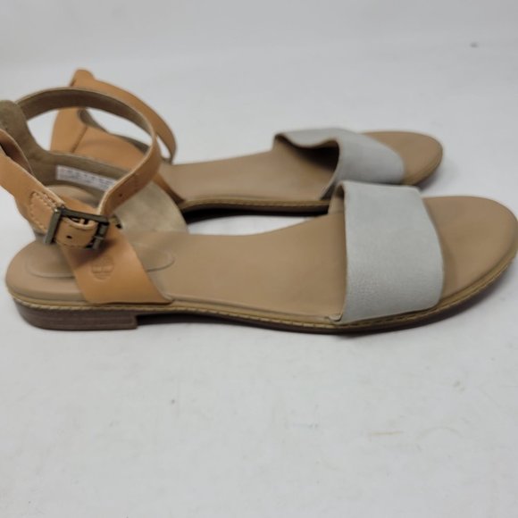 Womens Timberland Grey Tan Ankle Strap Leather Flat Peep Toe Sandals Size 9.5 - Picture 6 of 9
